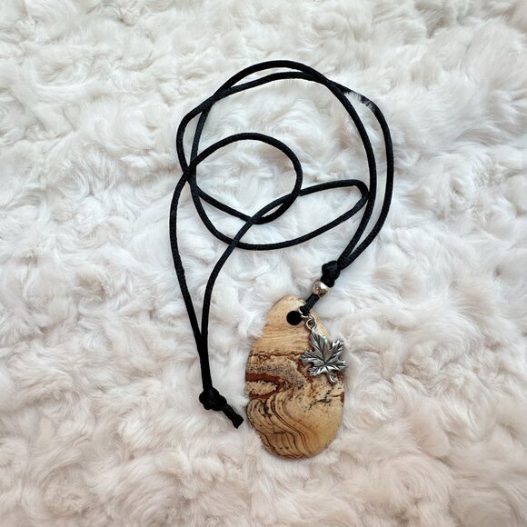 Large Picture Jasper with Maple Leaf Pendant on Black Cord Necklace - Picture 2 of 5